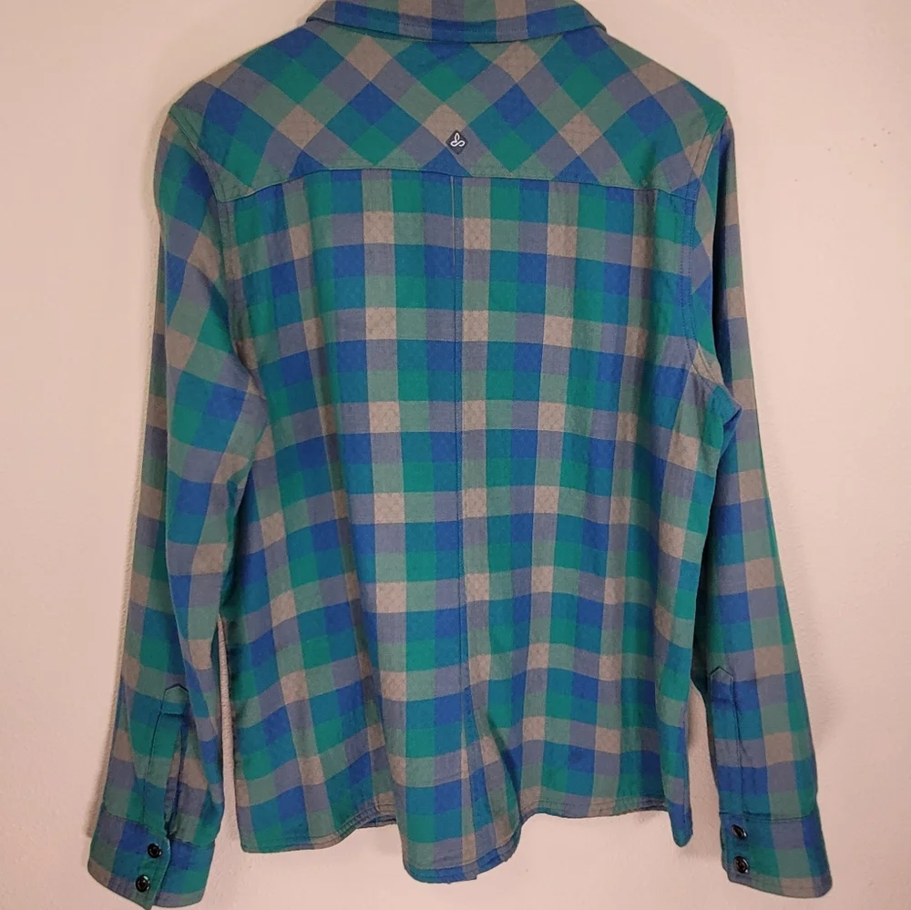 XL Prana Plaid Shacket 100% Organic Cotton Waffle Knit Lining Teal Green & Blue - Picture 15 of 16
